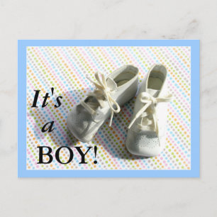 Birth announcement with vintage baby booties postcard