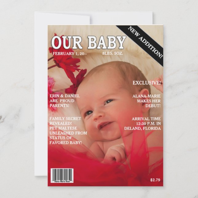 Birth Announcement! Your baby on "Magazine" Cover Announcement (Front)