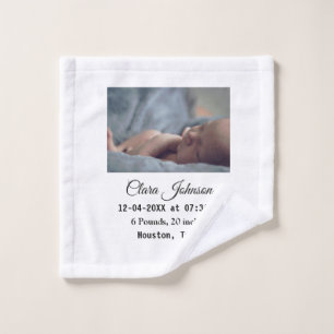 Birth announcements add photo date time place deta wash cloth