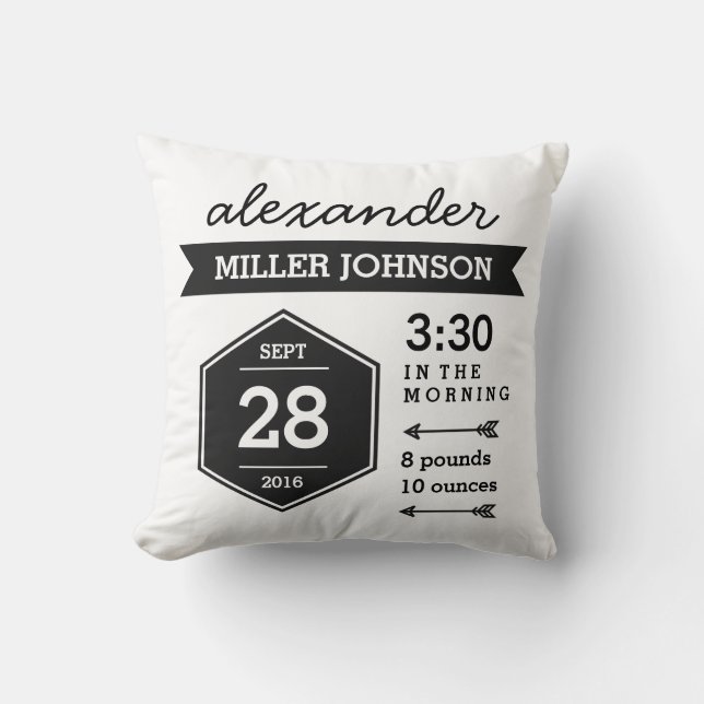 Birth Details Black White Pillow - Monochrome Art (Front)