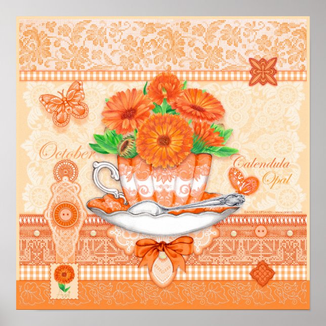 Birth Flower and Gem October Teacup Poster (Front)