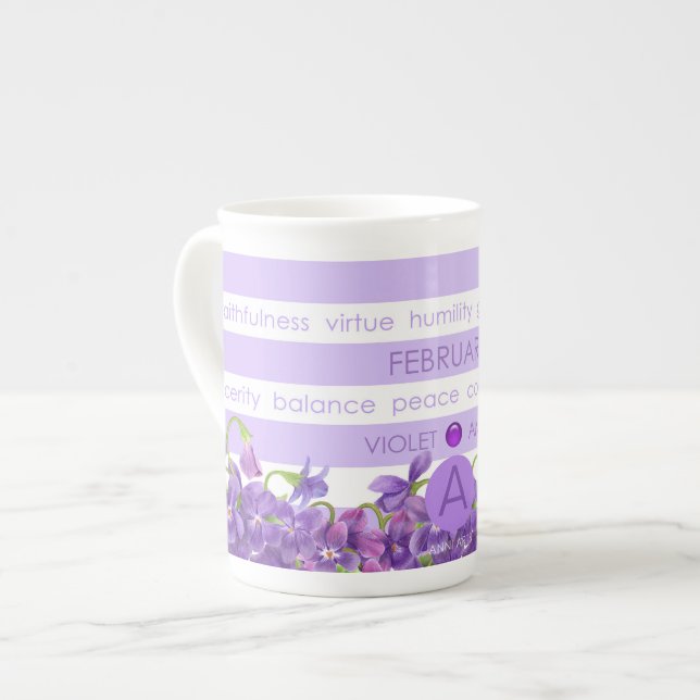 Birth Flower and Gem Stripe Mug February BoneChina (Front Left)