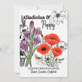 Birth Flower, August, Gladiolus, Poppy, Birthday Holiday Card