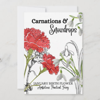 Birth Flower Card, January, Carnation, Snow Drop Holiday Card