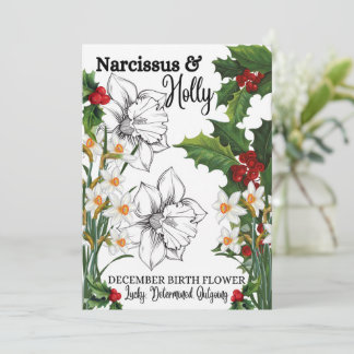 Birth Flower, December, Narcissus, Holly, Birthday Holiday Card