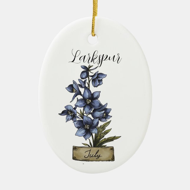 Birth Flower JULY Birthday Larkspur Ceramic Tree Decoration (Front)