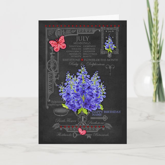 Birth Flower July Chalk Personalised Card (Front)
