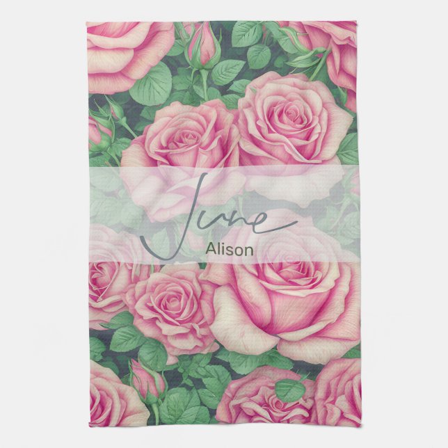 Birth Flower Rose June Tea Towel (Vertical)