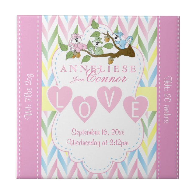 Birth Information - Pastel Baby Squirrels Tile (Front)