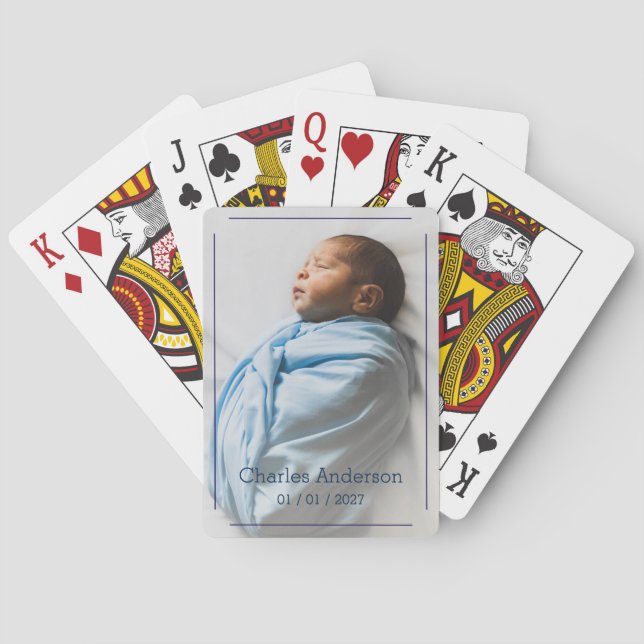 Birth Keepsake Blue Photo Name Date Playing Cards (Back)