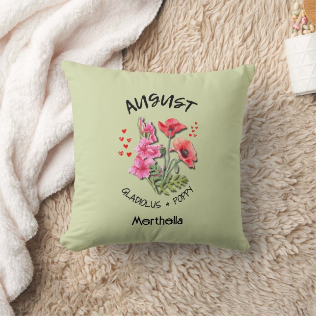Birth Month Flower AUGUST Personalised GREEN Cushion (Blanket)