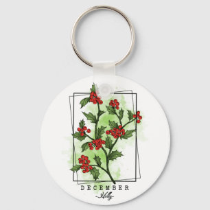 Birth Month Flower Born in December Holly Winter   Key Ring