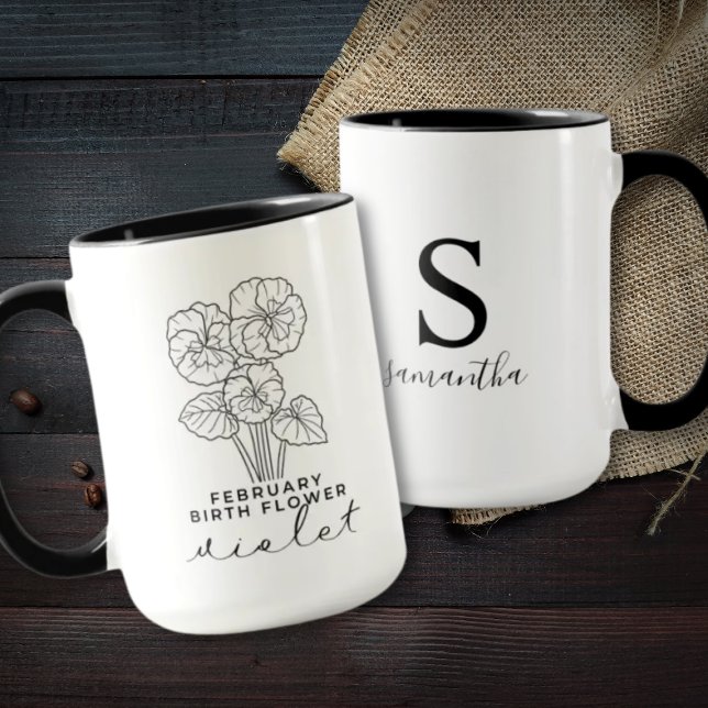 Birth Month Flower February Birthday Gift Monogram Mug (Creator Uploaded)