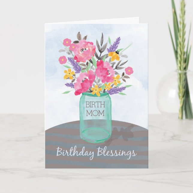 Birth Mum Birthday Blessings Jar Vase with Flowers Card (Front)