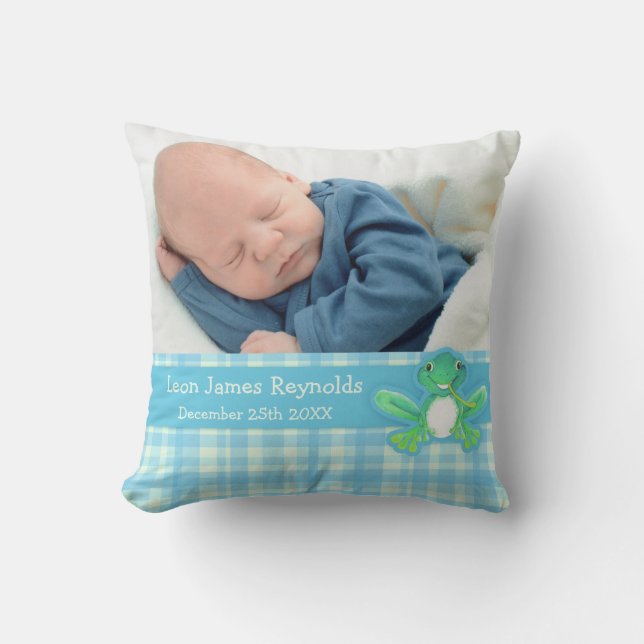 Birth newborn gift boys blue frog pillow (Front)