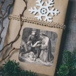 Birth of Christ Christian Christmas Nativity Scene Square Sticker<br><div class="desc">The Birth of Christ amoung ruins - Engraving by J. Keller after F. Overbeck. This Black & White Religious Vintage Christmas illustration represents the Nativity Scene : Baby Jesus in the Bethlehem manger with the Blessed Virgin Mary, Saint Joseph, the Angels and the Sheperds (top right corner). The frame features...</div>