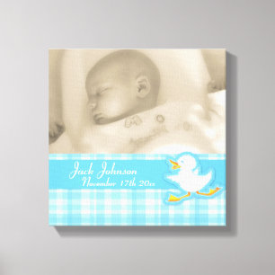 Birth photo blue check and duck canvas wrap print