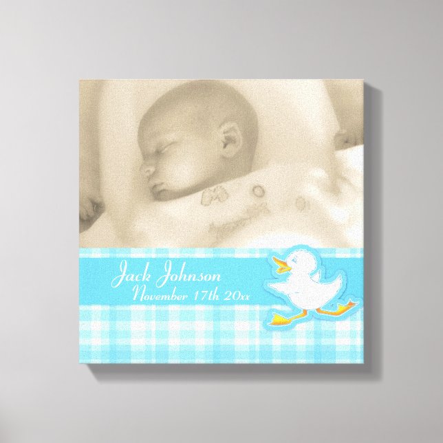 Birth photo blue check and duck canvas wrap print (Front)