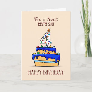 Birth Son 4th Birthday, 4 on Sweet Blue Cake Card