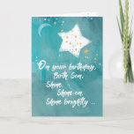 Birth Son Tween or Teen Birthday Night Sky Bright Card<br><div class="desc">Bring a smile to your birth son’s face a he celebrates his birthday today. This card with shining stars on the front telling him to shine brightly too is perfect for the occasion.</div>