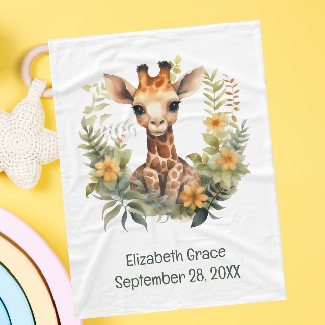 Birth Stat Baby Giraffe Jungle Flower Baby Blanket (Birth Stats Baby Giraffe Baby Blanket. Add babies name and birthday. Baby Shower gift, New baby gift)