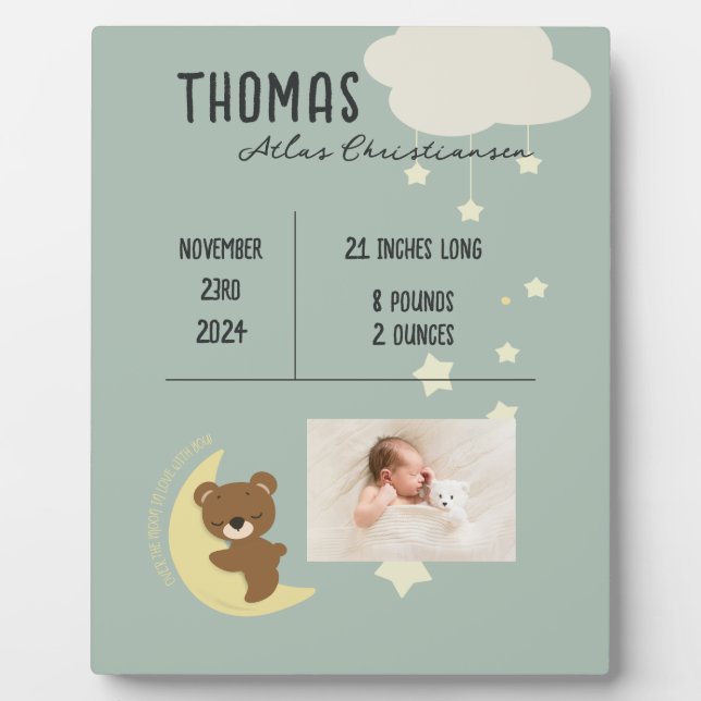 Birth Stats Baby Bear Shower Plaque Sign - Green (Front)