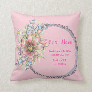 Birth Stats Baby Girl Floral Wreath Throw Pillow