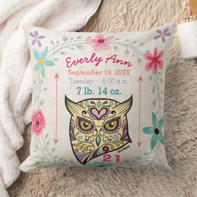 Birth Stats Baby Girl Forest Creature Owl Cushion (Blanket)