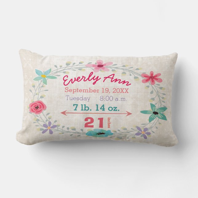 Birth Stats Baby Girl Forest Creatures Fox Lumbar Cushion (Front)