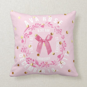 Birth Stats Baby Girl Pink Gold Dots Nursery Cushion