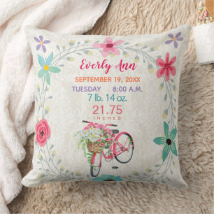 Birth Stats Baby Girl Vintage Retro Pink Bicycle Cushion