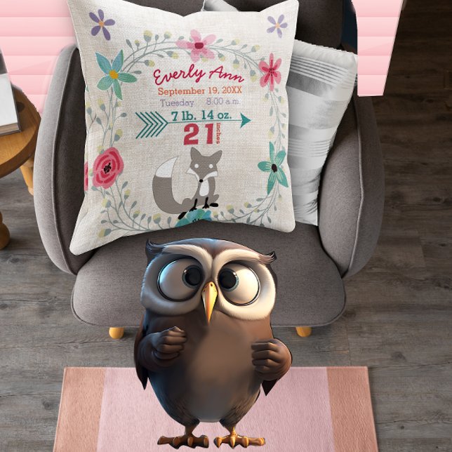 Birth Stats Baby Girl Woodland Creatures Fox Cushion (Creator Uploaded)