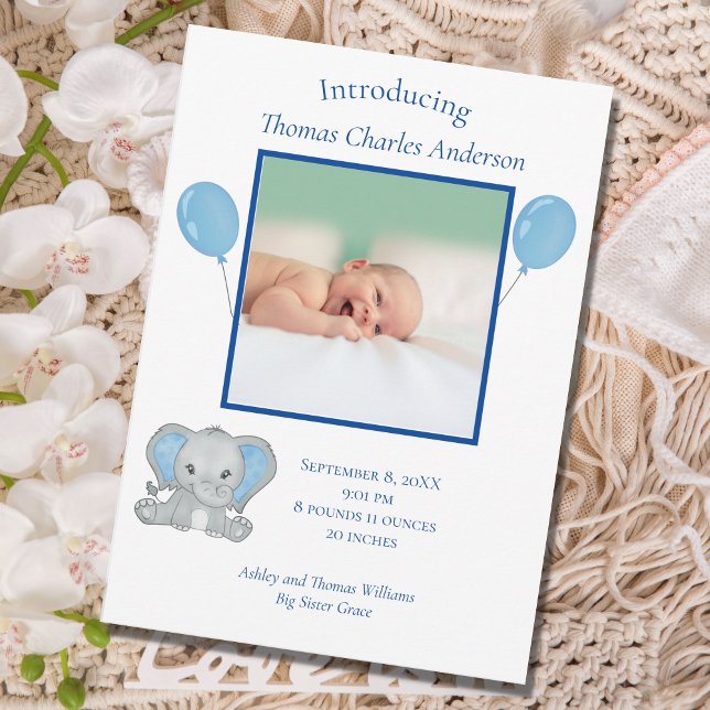 Birth Stats Blue Elephant Baby Boy Birth Announcement (Creator Uploaded)