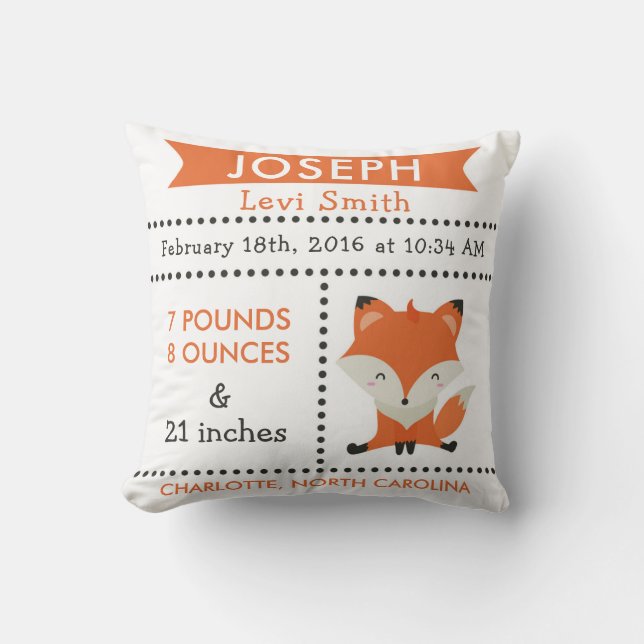 Birth Stats Fox Woodland Nursery Pillow (Front)