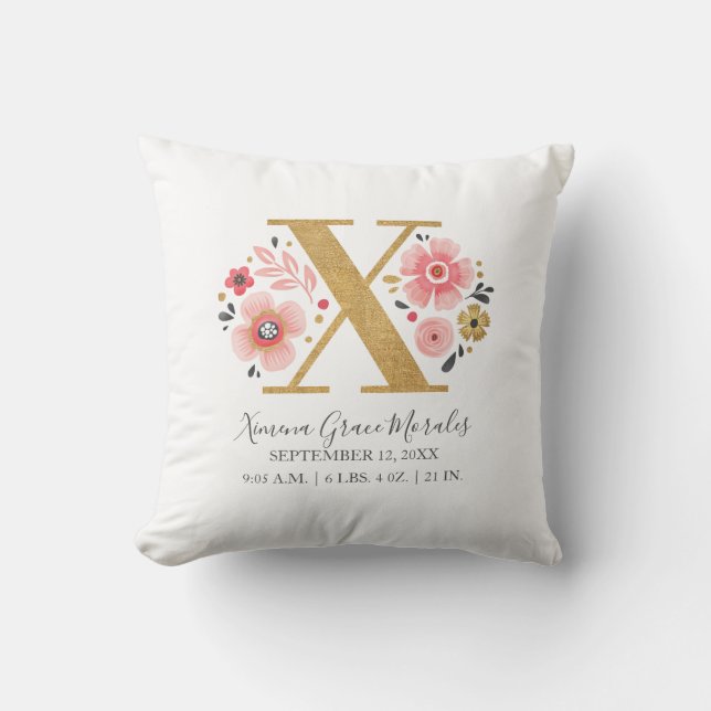 Birth Stats Letter X Pink Floral Monogram Initial Cushion (Front)