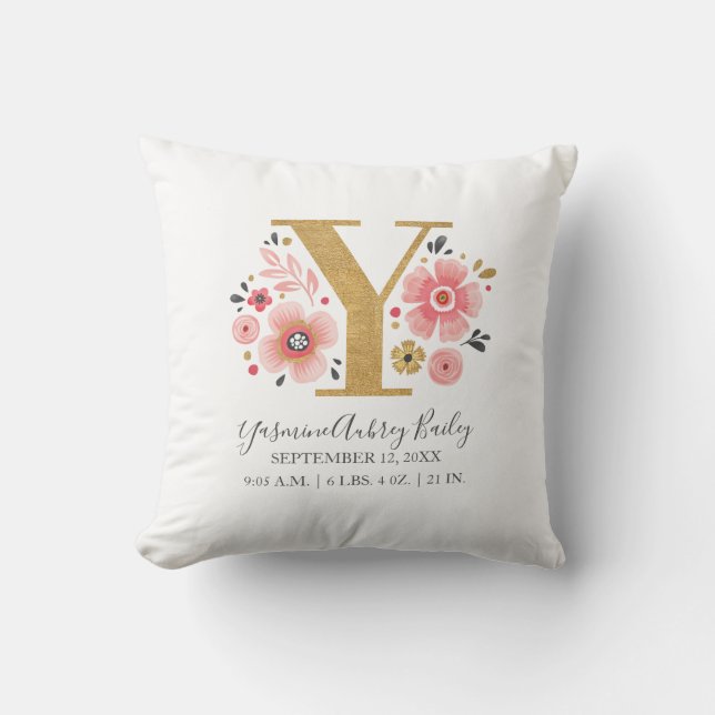 Birth Stats Letter Y Pink Floral Monogram Initial Cushion (Front)