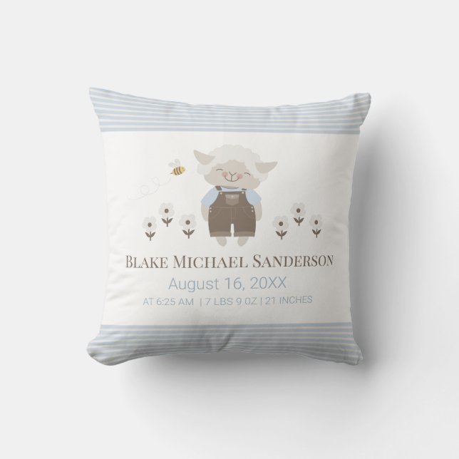 Birth Stats Little Lamb Blue Boy Nursery Cushion (Front)