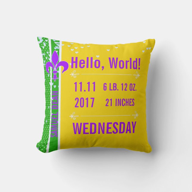 Birth Stats | Mardi Gras Fleur De Lis NOLA Cushion (Front)