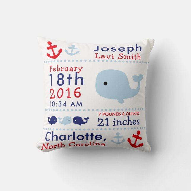 Birth Stats Nautical Whale Nursery Throw Pillow (Front)
