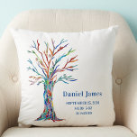 Birth Stats Nursery Pillow<br><div class="desc">Birth Stats Nursery Pillow.
This nursery pillow makes a great keepsake.
It is decorated with a rainbow coloured tree on a white background.
You can easily customise it making it a special gift for a newborn.
Original Mosaic Tree © Michele Davies.</div>