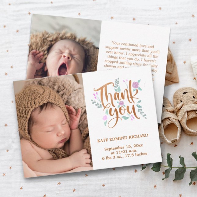 Birth Stats Photo Handwritten New Born Baby Shower Thank You Card (Creator Uploaded)