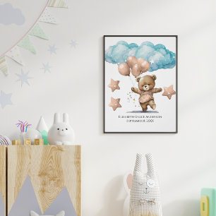 Birth Stats Pink Baby Bear Clouds Nursery Wall Art