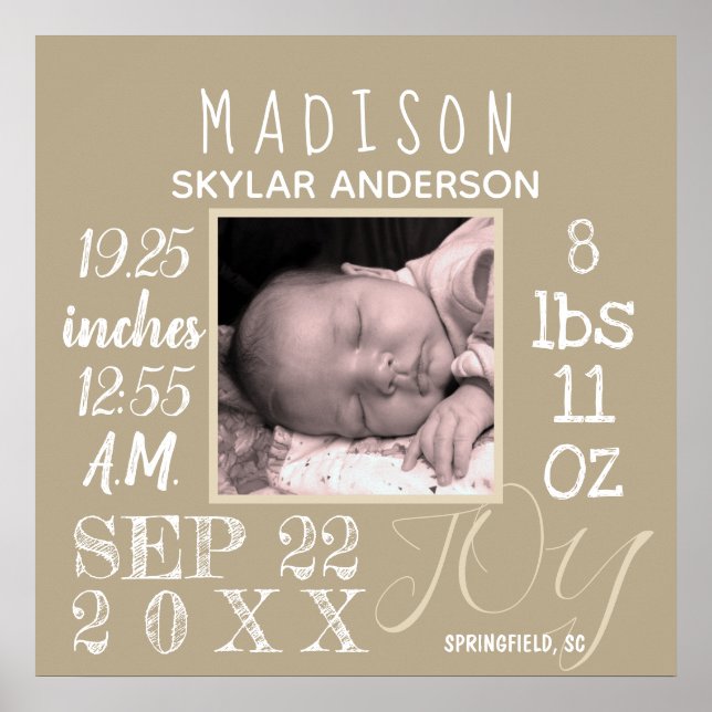 Birth Stats Sign Typography Neutral Modern Photo (Front)