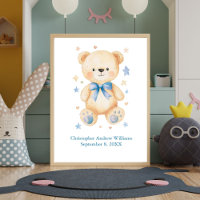 Birth Stats Teddy Bear Blue Bow Baby Boy Nursery
