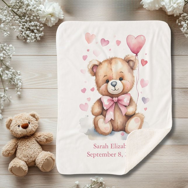 Birth Stats Teddy Bear Pink Bow Hearts Baby Girl Sherpa Blanket (Teddy Bear with Pink bow and hearts baby girl Sherpa Baby Blanket. Personalized with name birthday)