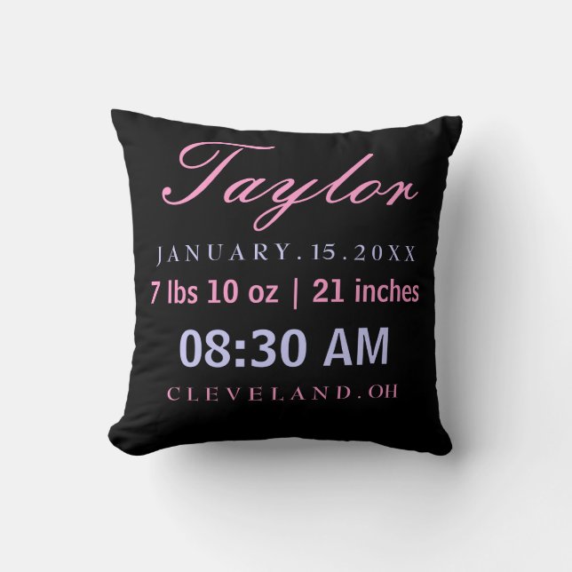 Birth Stats Typography Black Pink Lavender Cushion (Front)