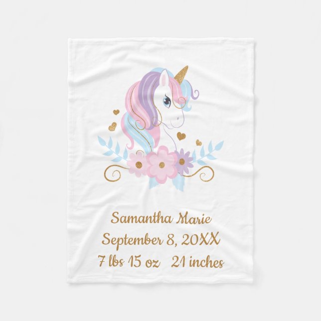 Birth Stats Unicorn Pink Blue Gold, Girly Baby Fleece Blanket (Front)