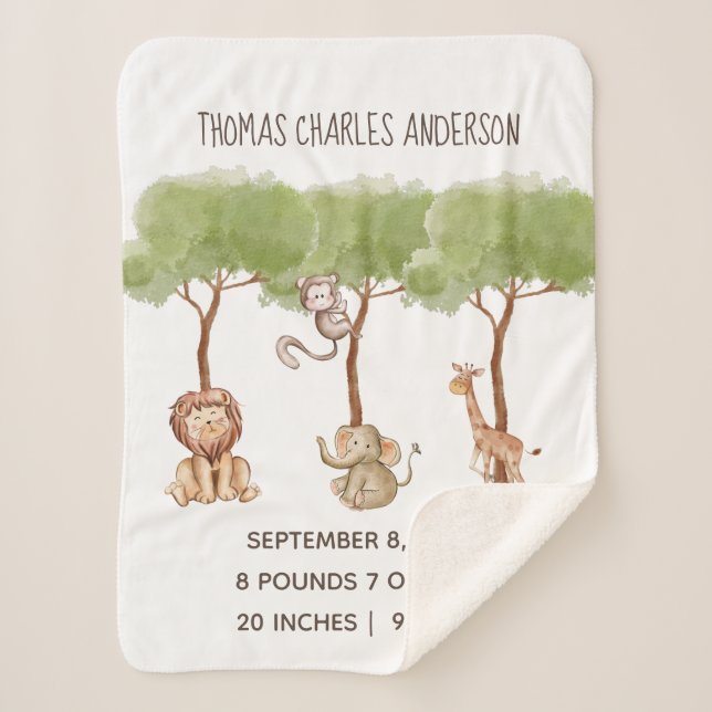Birth Stats Woodland Jungle Safari Animals Baby Sherpa Blanket (Front)