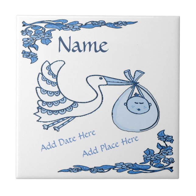 Birth Tile, Blue Dutch Look, Personalise Tile (Front)