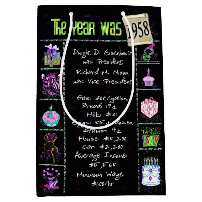 Birth Year 1958 Fun Trivia On Black  Medium Gift Bag (Front)